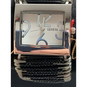 Geneva Womens Safety Pin Seed Bead Stretch Bracelet Watch Silver Black New 1545